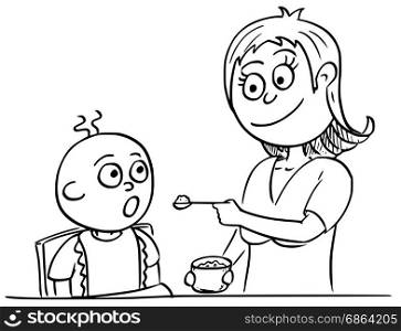 Hand drawing cartoon vector illustration of mother mom mum feeding baby with pap.