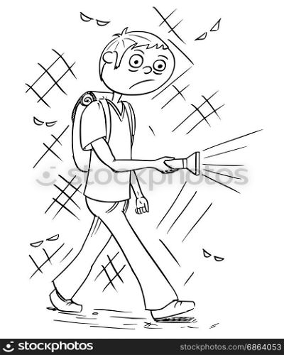 Hand drawing cartoon vector illustration of scary boy or young man holding flashlight torch walking through dark night.
