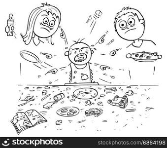 Hand drawing cartoon vector illustration of spoiled spoilt crying baby doing mess around during eating, pointing and demanding things all around. Unhappy parents - mother and father are standing behind.