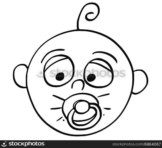 Hand drawing cartoon vector illustration of tired baby with dummy or comforter or pacifier in mouth.