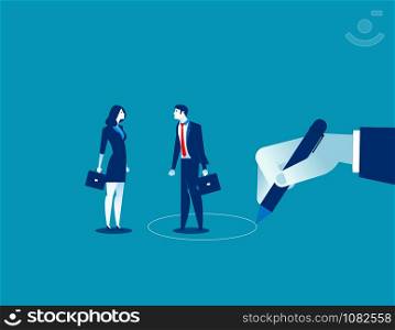Hand drawing circle separating man and woman. Concept business vector illustration.