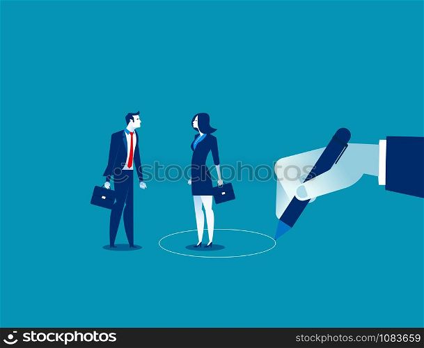 Hand drawing circle separating man and woman. Concept business vector illustration.