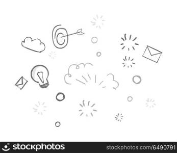 Hand Drawing Creative Background. Hand drawing creative background. Gray elements on white background. Social media sign and symbol doodles elements on white background. Vector illustration in flat