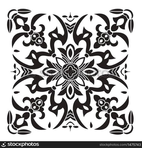 Hand drawing decorative tile pattern. Italian majolica style Black and white silhouette . Vector illustration. The best for your design, textiles, posters, tattoos, corporate identity. Hand drawing decorative tile pattern. Italian majolica style