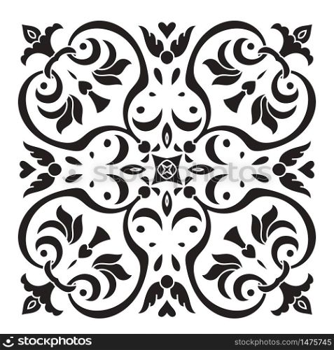 Hand drawing decorative tile pattern. Italian majolica style Black and white silhouette . Vector illustration. The best for your design, textiles, posters, tattoos, corporate identity. Hand drawing decorative tile pattern. Italian majolica style