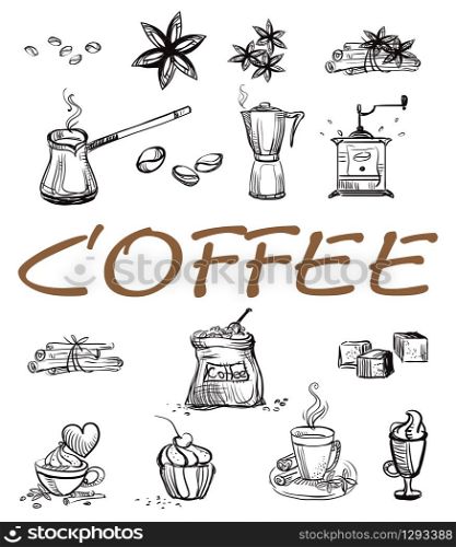 Hand drawing doodle style coffee theme. Set of vector coffee icons isolated on white background. Coffee illustration elements for your buisness. Food and drink concept. Stock illustration