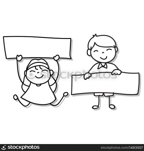 Hand drawing happy boy and girl holding blank paper for message. Abstract people, happiness concept. Vector illustration. for graphic decoration