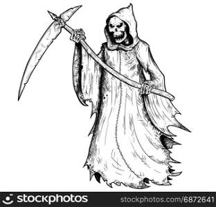 Hand drawing illustration of halloween grim reaper, human skeleton with scythe, personification of death.