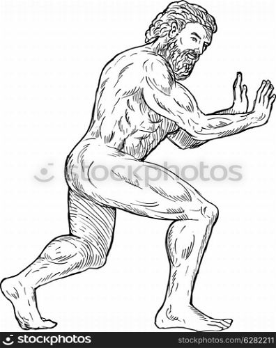 hand drawing illustration of Hercules pushing isolated on white. Hercules pushing