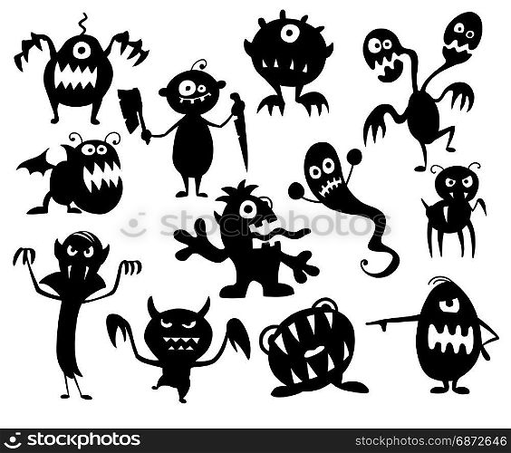 Hand drawing illustration set of cute halloween monster silhouettes.