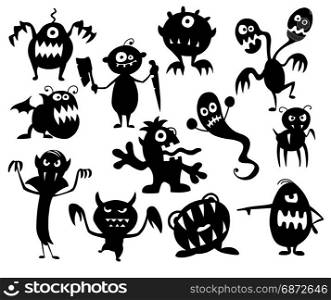 Hand drawing illustration set of cute halloween monster silhouettes.
