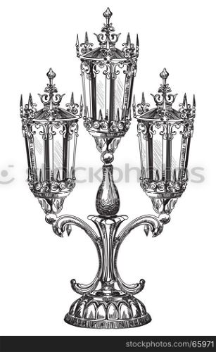 Hand drawing isolated illustration of old street carving lamp in black color on white background