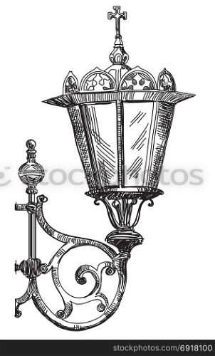 Hand drawing isolated illustration of old street lamp ( near Cathedral of Christ the Savior in Moscow) in black color on white background