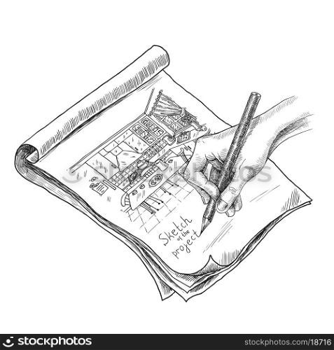 Hand drawing kitchen interior sketch in notebook with pencil vector illustration