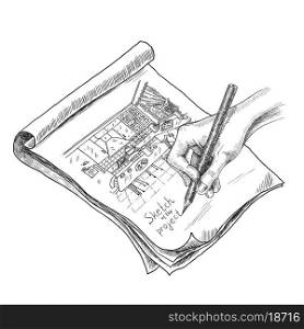 Hand drawing kitchen interior sketch in notebook with pencil vector illustration