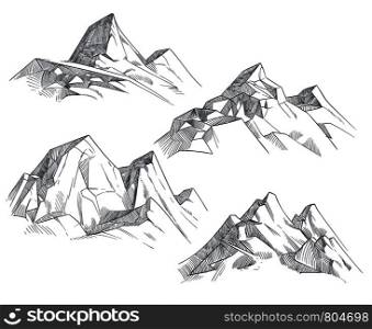 Hand drawing mountain peaks isolated retro etching sketch vector illustration. Sketch drawing peak line. engraving graphic landscape. Hand drawing mountain peaks isolated retro etching sketch vector illustration