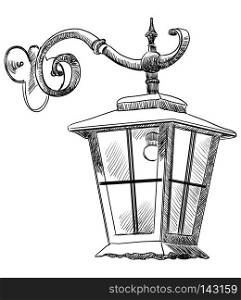 Hand drawing old hanging lantern vector monochrome illustration in black color isolated on white background