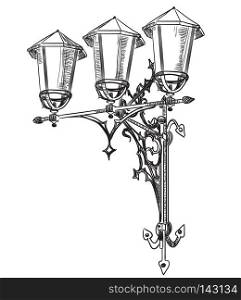 Hand drawing old street lamp vector monochrome illustration in black color isolated on white background