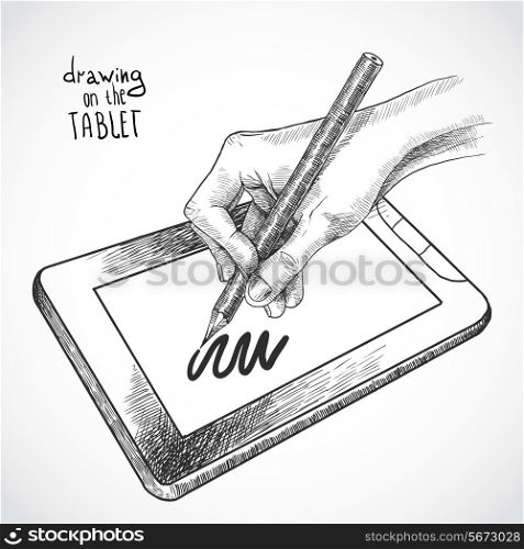 Hand drawing on the tablet with graphite pencil sketch isolated on white background vector illustration