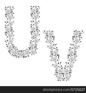 Hand drawing ornamental alphabet. Letter UV