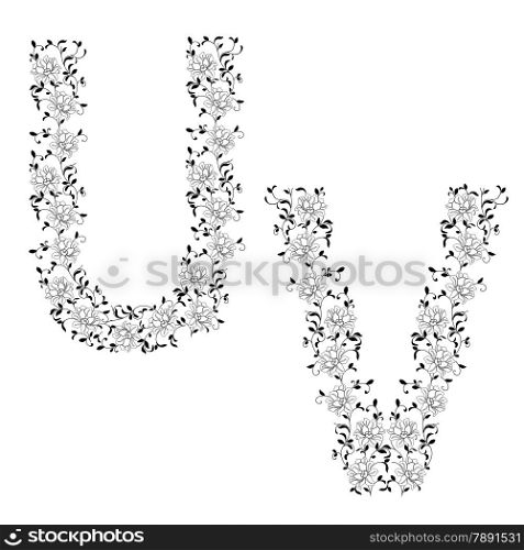 Hand drawing ornamental alphabet. Letter UV