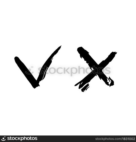 Hand drawing paint, brush drawing. Isolated on a white background. Doodle grunge style icon. Decorative. Outline, line icon, cartoon illustration. Checkmark and cross icons. Doodle grunge style icon. Decorative element. Outline, cartoon line icon