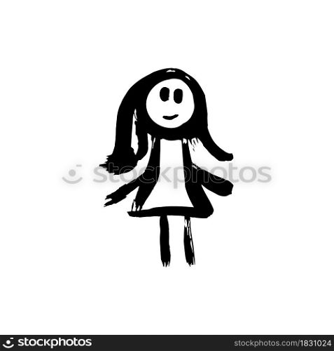 Hand drawing paint, brush drawing. Isolated on a white background. Girl icon. Doodle grunge style icon. Decorative. Outline, line icon, cartoon illustration. Doodle grunge style icon. Decorative element. Outline, cartoon line icon