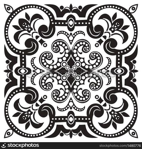 Hand drawing pattern for tile in black and white colors. Italian majolica style. Vector illustration. The best for your design, textiles, posters. Hand drawing pattern for tile in black and white colors.