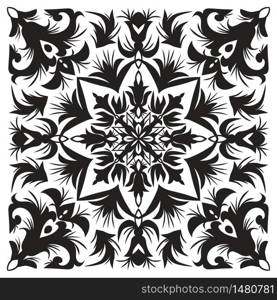 Hand drawing pattern for tile in black and white colors. Italian majolica style. Vector illustration. The best for your design, textiles, posters. Hand drawing pattern for tile in black and white colors.