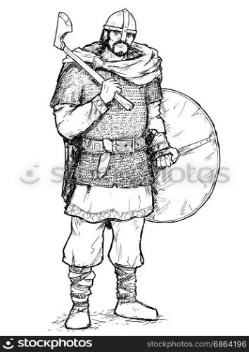 Hand drawing pen and ink illustration of ancient viking warrior in ring mail with war axe and shield.