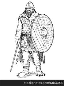 Hand drawing pen and ink illustration of ancient viking warrior in scale mail armor with helmet, sword and shield.