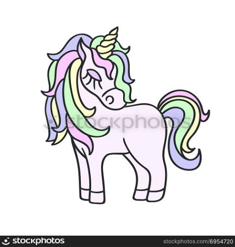 Hand drawing pink unicorn with yellow horn icon isolated on the white background
