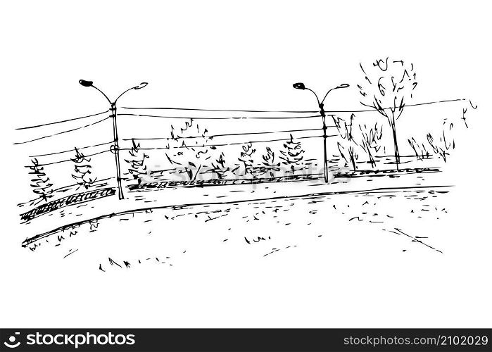 Hand drawing sketch of the urban landscape with electric poles. Perfect for T-shirt, poster, textile and prints. Doodle vector illustration for decor and design.