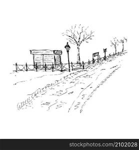 Hand drawing sketch of the winter park landscape with shed and lantern. Perfect for T-shirt, poster, textile and prints. Doodle vector illustration for decor and design.