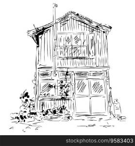 Hand drawing sketch old store building. Perfect print for tee, poster, card, sticker. Doodle vector illustration for decor and design.