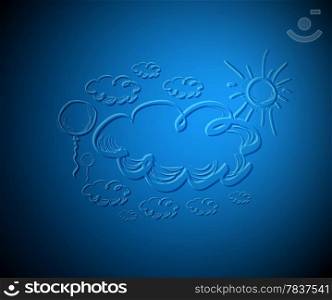 Hand drawing sky with clouds and sun. Vector in the style engraved illustration
