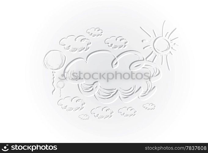 Hand drawing sky with clouds and sun. Vector in the style engraved illustration