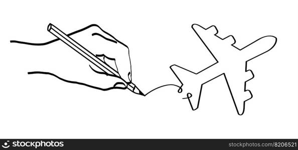 Hand drawing soaring air plane line path. Take Off airplane, flight route with start point. Vector aircraft sign. Location pointer. Tracking, vacation, holliday. Travel pointer navigation. Tourism. 