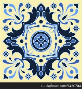 Hand drawing tile pattern in blue and yellow colors. Italian majolica style. Vector illustration. The best for your design, textiles, posters. Hand drawing tile pattern in blue and yellow colors. Italian majolica style.