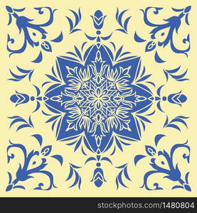 Hand drawing tile pattern in blue and yellow colors. Italian majolica style. Vector illustration. The best for your design, textiles, posters. Hand drawing tile pattern in blue and yellow colors. Italian majolica style.