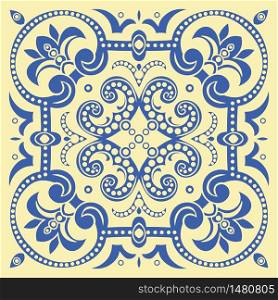 Hand drawing tile pattern in blue and yellow colors. Italian majolica style. Vector illustration. The best for your design, textiles, posters. Hand drawing tile pattern in blue and yellow colors. Italian majolica style.