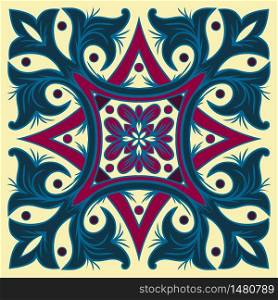 Hand drawing tile pattern in dark blue, purple and yellow colors. Vector illustration. The best for your design, textiles, posters. Hand drawing tile pattern in dark blue, purple and yellow colors. Italian majolica style.
