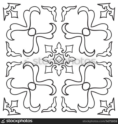 Hand drawing tile vintage black line pattern. Italian majolica style. Vector illustration. The best for your design, textiles, posters. Hand drawing tile vintage black line pattern.