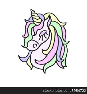 Hand drawing unicorn head with yellow horn sketch icon isolated on the white background