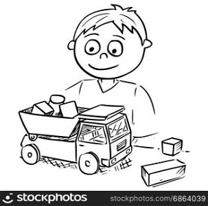 Hand drawing vector cartoon of a boy playing with toy truck car and wooden toy building blocks.