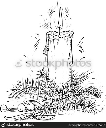 Hand drawing vector illustration of Christmas lighting candle decoration with spruce and mistletoe branches leaves.