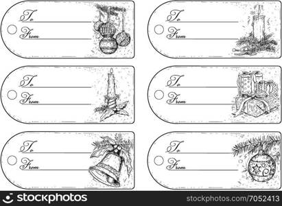 Hand drawing vector illustration of six decorative christmas tag designs.