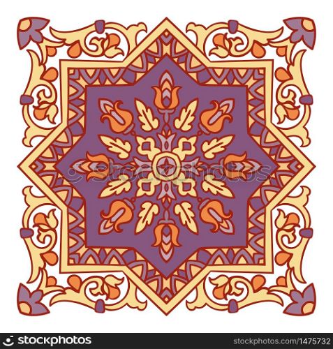 Hand drawing zentangle color element. Italian majolica style Flower mandala. Vector illustration. The best for your design, textiles, posters. Hand drawing zentangle mandala color element. Italian majolica style