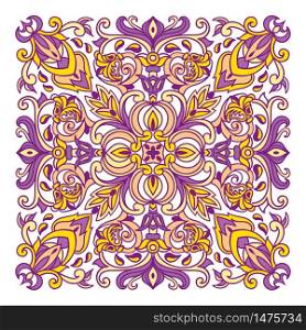 Hand drawing zentangle color element. Italian majolica style Flower mandala. Vector illustration. The best for your design, textiles, posters. Hand drawing zentangle mandala color element. Italian majolica style