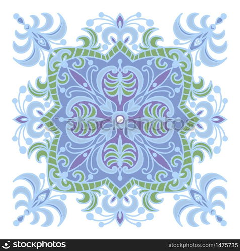 Hand drawing zentangle color element. Italian majolica style Flower mandala. Vector illustration. The best for your design, textiles, posters. Hand drawing zentangle mandala color element. Italian majolica style